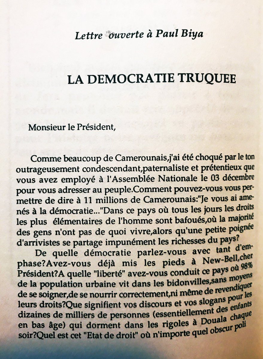 mbeatowe's tweet photo. 27Déc1990:Cette lettre ouverte de @CelestinMonga à #PaulBiya publiée ds le Nr.209 de #LeMessager d #PiusNjawe a entraîné la saisie du journal,l’emprisonnement des deux  et surtout la naissance du 1er procès sur les libertés individuelles &amp; associatives au #Cameroun. #MongaNjawe. https://t.co/C2Gu2uDHaY