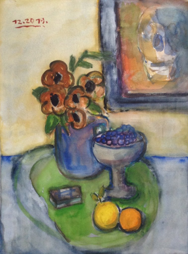 berndblacha's tweet photo. Still life with green table mat, Watercolor painting 56x42cm, December 2019 https://t.co/PhKnOWsgDO