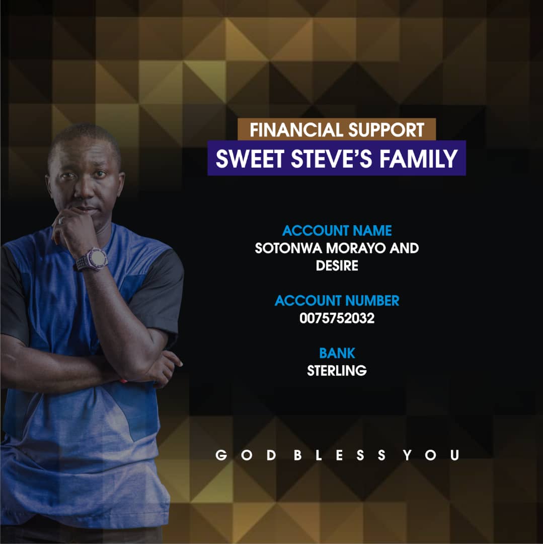 chopsrepublicng's tweet photo. Enough said than done, it's now time for us to help Sweet Steve's family. We understood he has gone, but his legacies remains forever.
Anything you can do to support his wife and kids in this time of need will be go a long way.
#sweetsteve
#sweetstevefamilysupport https://t.co/jK9K6EX7TZ