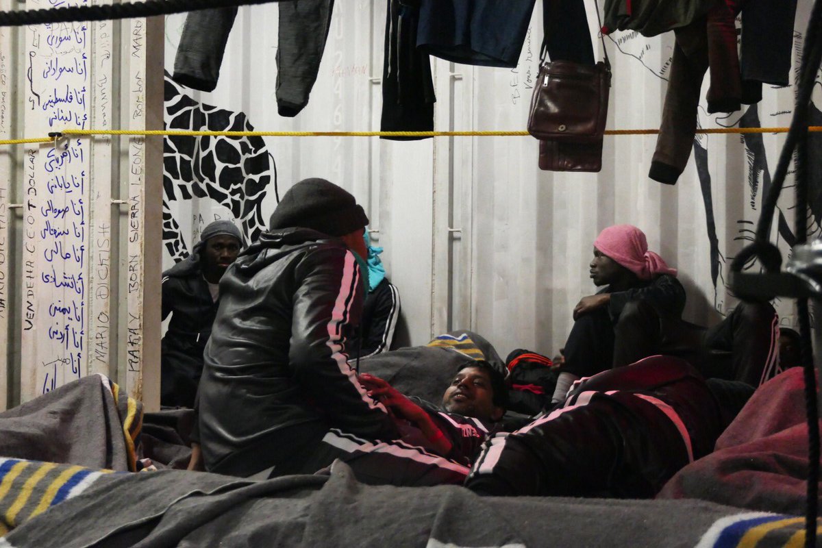 Once on board #OceanViking - shaken &amp; often soaked &amp; shivering - everyone gets a 'rescue kit' with towel, t-shirt, tracksuit, socks, toothbrush, juice, water &amp; high-cal biscuits. As soon as they're dry, warm &amp; fed, most people wrap themselves in a blanket &amp; collapse into sleep