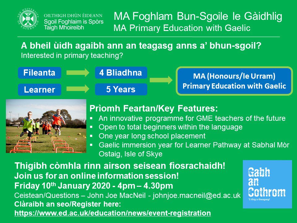 ✅ A bheil ùidh agaibh ann an teagasg anns a’ bhun-sgoil?  
🤷 Mì-chinnteach?
📢 Cothrom eile còmhradh ri Sgioba an Fhoghlaim aig Oilthigh Dhùn Èideann sa Bhliadhn’ Ùr.  

English below ⬇️