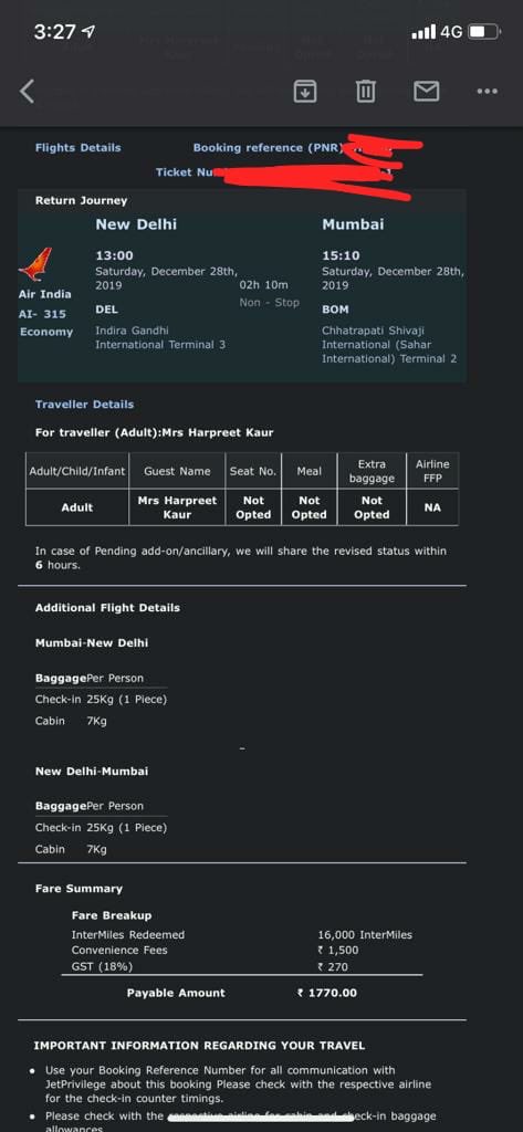 ARORAD's tweet photo. Had a harrowing experience: had booked DELMUM #airindia for 28th Dec 2019 using #intermiles on 16th Nov AI 315 at 1 pm .When I reached the counter, was told that my PNR is for 4 am flight. RIDICULOUS! Air India refused to acknowledge Confirmed ticket ! 
#Ministryofcivilaviation https://t.co/CVdVxu44AY