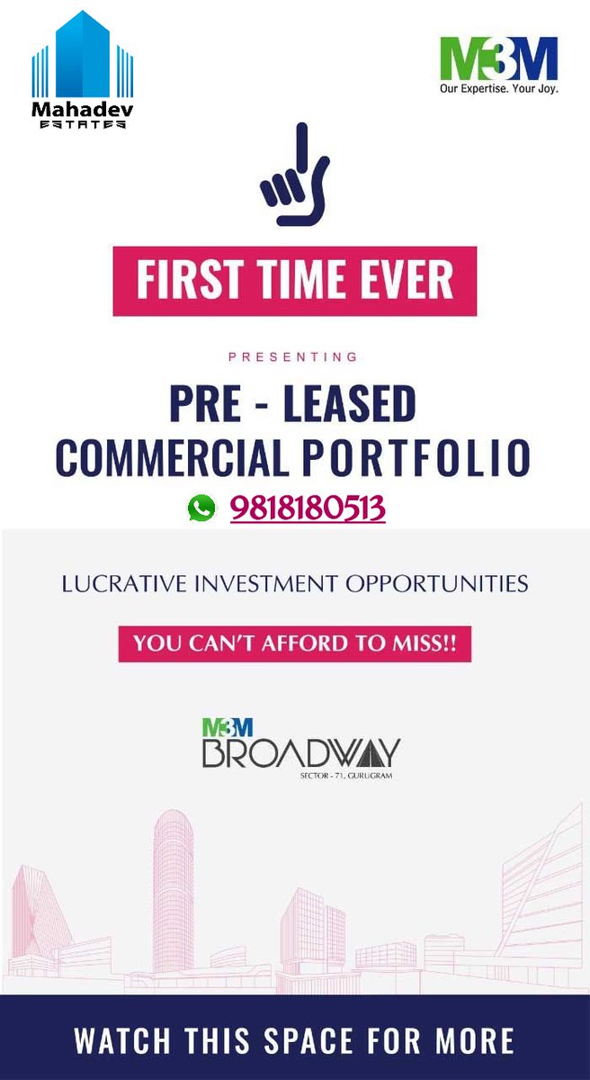 MahadevEstates1's tweet photo. M3M BROADWAY

​- 2 Side open site.
- ​​Get 10% assured return
​- Bang on Southern Periphery Road in Gurgaon.
​- Double Height Shops 9 mtr high.

#M3M #gurgaon #m3mbroadway  #property
#commercial
#multiplex
#globalmarket

call us - 9818180513
visit us - https://t.co/SlPMRZ2olG https://t.co/poTpc4Vvuc