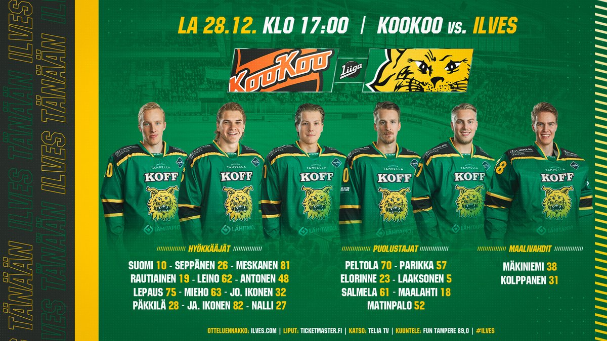ilveshockey's tweet photo. Ilves tänään! 🔥

Ykkösketjun sentterinä Janne Seppänen ja maalilla aloittaa Eetu Mäkiniemi. Ottelu on molemmille @smliiga-uran ensimmäinen!

#Ilves #Liiga https://t.co/7wKLsdwGGE