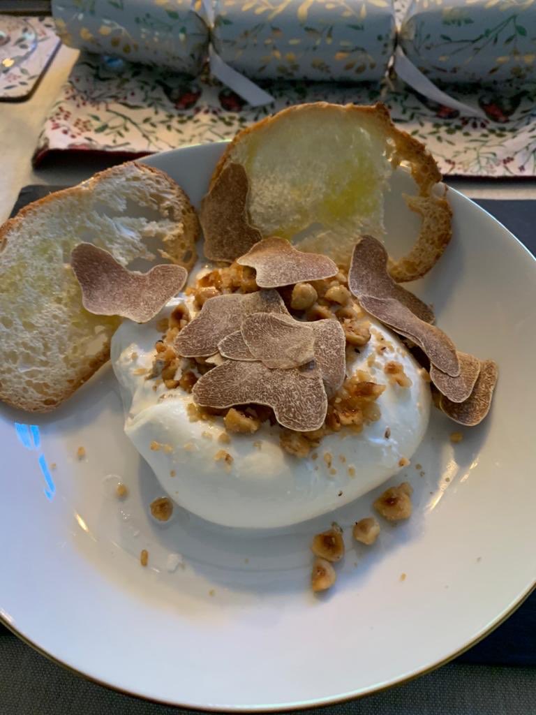FranDeFranco's tweet photo. .@sat_jamesmartin one of our Christmas Day starters made by my husband Matthew: Burrata with toasted hazelnuts steeped in sherry vinegar and truffle oil with Alba Truffle @fineandwild @francescocook https://t.co/WDNg2LAFAf