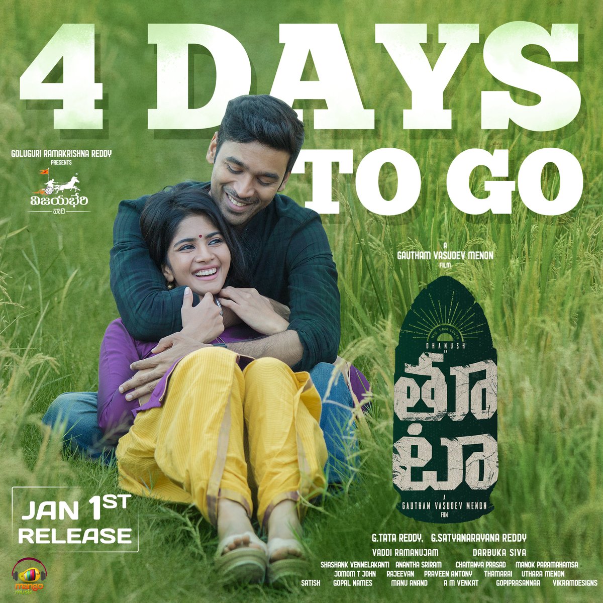 Just 4 Days Away for <a href="/dhanushkraja/">Dhanush</a> &amp; <a href="/akash_megha/">Megha Akash</a>'s Action-Romantic Entertainer #Thoota

#ThootaFromJan1st 
Directed by <a href="/menongautham/">Gauthamvasudevmenon</a>
Music by <a href="/DarbukaSiva/">Darbuka Siva</a> on <a href="/MangoMusicLabel/">Mango Music</a>  
Produced by <a href="/treddyg/">Tata Reddy Goluguri</a> &amp; <a href="/satyagoluguri/">Satya Reddy</a> on @Vijayabherivar