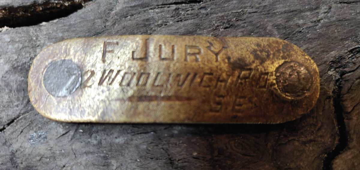 TideLineArt's tweet photo. Looking back on some of my favourite mudlarking finds from the last few years. When I found this small brass tag engraved with F. Jury, 72 Woolwich road a whole story opened up before me #mudlarking #mudlark https://t.co/bw8lPLRMLV