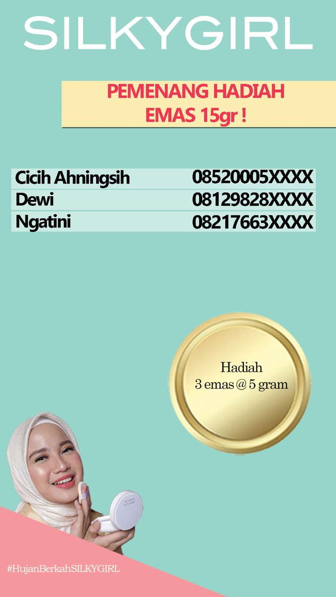 Selamat kepada 3 Pemenang Hadiah Emas sebesar 5gr!

Untuk konfirmasi silahkan email ke silky.indonesia@gmail.com

#Silkygirl #Silkygirlovers #silkygirl_id #silkygirlindonesia #unleashyourconfidence #borntobematte