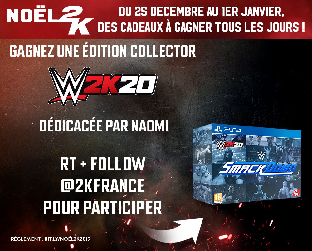 2KFrance's tweet photo. #Noël2K ! 
🎄 28 décembre 🎄
Suivez @2KFrance + RT ce tweet pour tenter de gagner : 

🎁 Une édition Collector #WWE2K20  sur PlayStation 4 dédicacée par @NaomiWWE 

 Règlement : https://t.co/EBZimen1Sh https://t.co/GZkrxKpGyf