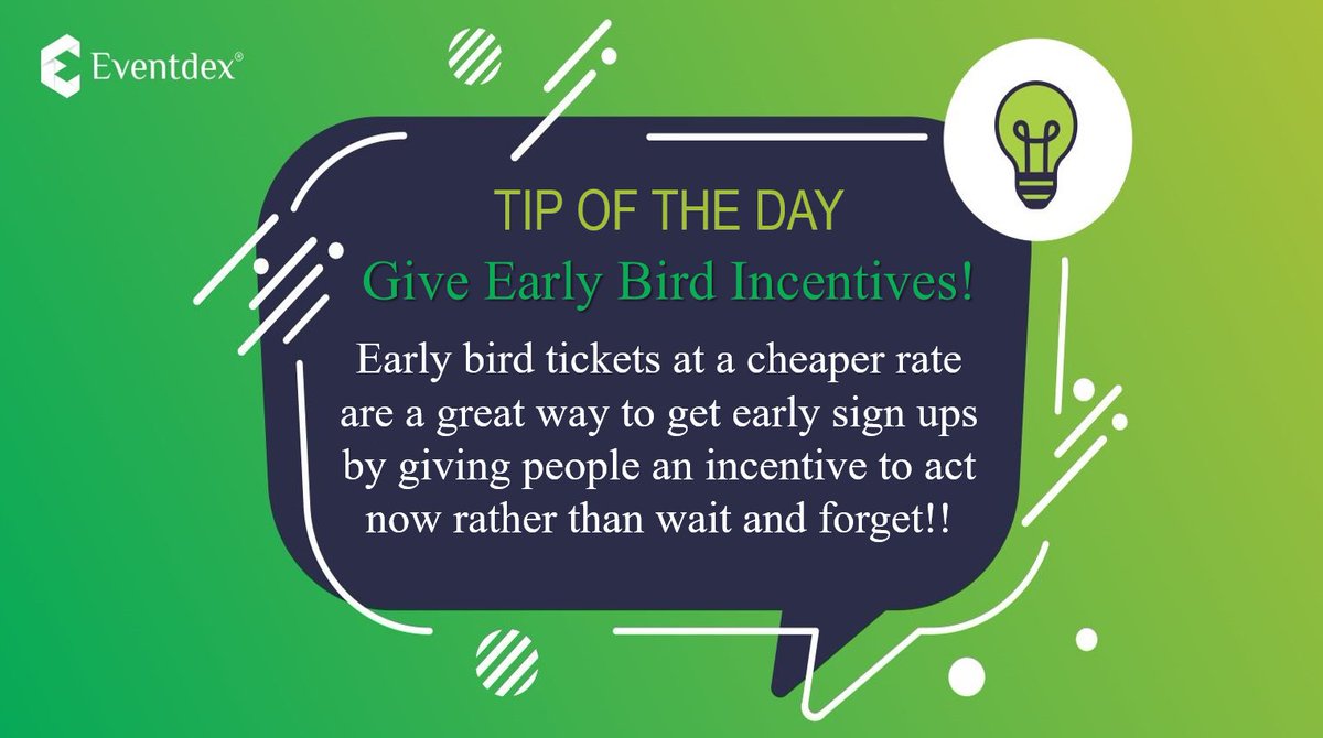 eventdex's tweet image. Tip Of The Day: Give #EarlyBird Incentives!

Early bird tickets at a cheaper rate are a great way to get early sign ups by giving people an incentive to act now rather than wait &amp;amp; forget! Create your #EventTicket &amp;amp; start selling now! ow.ly/rRir50xIx1N

#EventTip #eventprofs