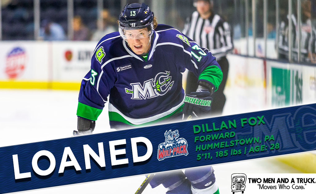 MarinersOfMaine's tweet photo. Player on the move, presented by @TwoMenAndATruck: Forward Dillan Fox has been loaned to the @WolfPackAHL.

Read more: https://t.co/OGlLbhPHQf https://t.co/dGIJJma1N4
