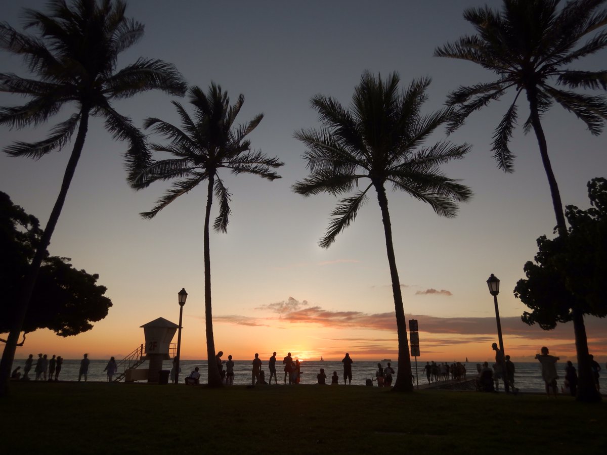 ホノルル１２月の夕暮れ②
「Queen's Beach」
クイーンズ・ビーチはカピオラニ公園の海側、
ホノルル動物園前からワイキキ水族館までの海岸。
砂浜のうしろに草原が広がり、
ココヤシに加えて、
モンキーポッドが枝を広げているので、
その木陰でゆっくりできます。
２０１９年１２月２６日撮影。