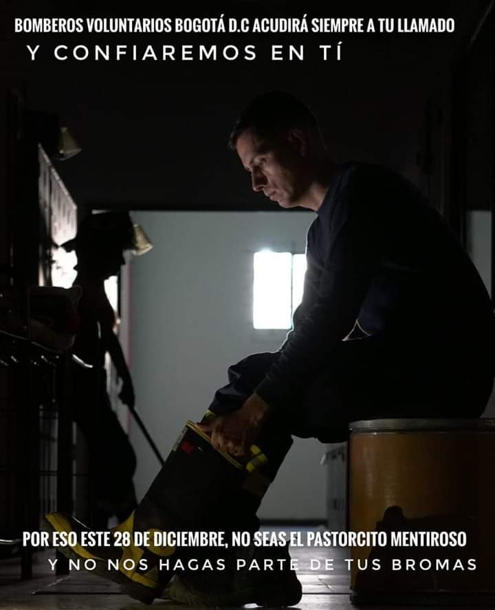 BrosVolunBogota's tweet photo. NO SEAS COMO EL PASTORCITO MENTIROSO

Para nosotros protegerte y atenderte es lo más importante, por eso ayúdanos a apoyarte y NO nos hagas parte de las bromas el 28 de diciembre. 

#soyresponsable  #nohagobromas #diainocentes #respeto #ayuda https://t.co/Ozav0ClYaN