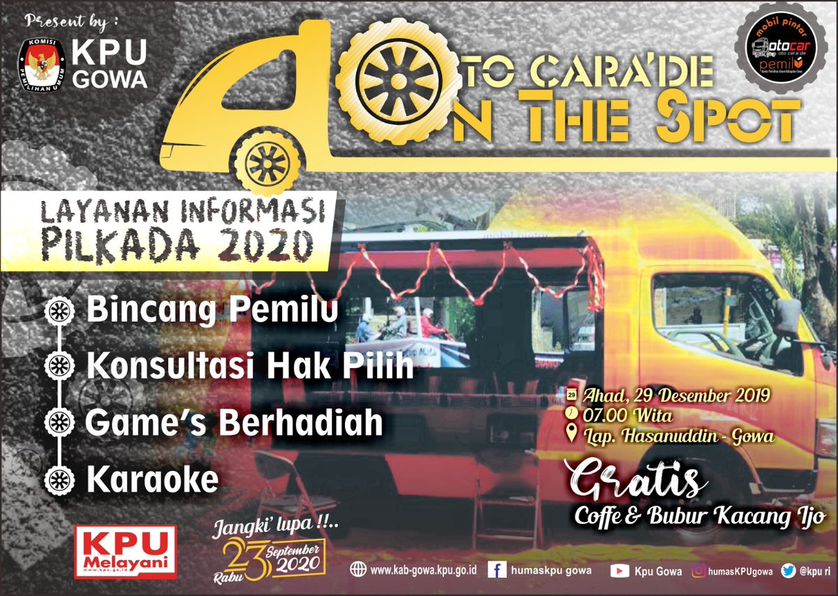 ome_mome's tweet photo. Ayo gabung bersama Mobil Pintar Pemilu-KPU Gowa di Car Free Day Lap. Sultan Hasanuddin, minggu 29 Des 2019. Ngobrolin Pilkada sambil minum kopi atau menikmati semangkuk bubur kacang ijo (gratis) https://t.co/Wmn3BIblXa