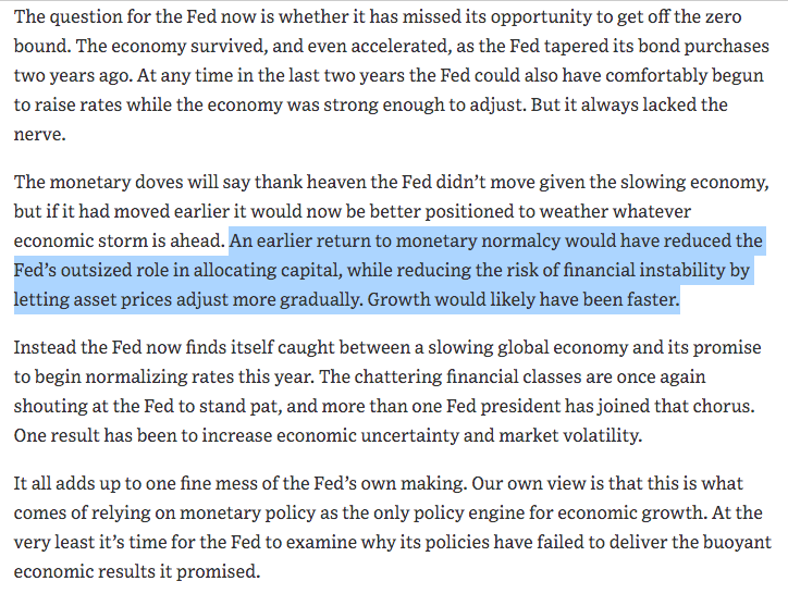 August 2015 "An earlier return to monetary normalcy would have reduced the Fed’s outsized role in allocating capital, while reducing the risk of financial instability by letting asset prices adjust more gradually. Growth would likely have been faster."  https://www.wsj.com/articles/...