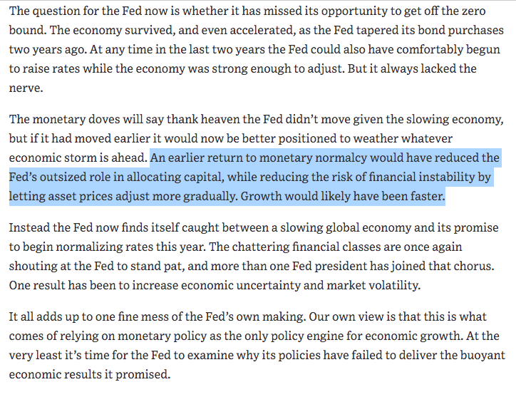 August 2015 "An earlier return to monetary normalcy would have reduced the Fed’s outsized role in allocating capital, while reducing the risk of financial instability by letting asset prices adjust more gradually. Growth would likely have been faster."  https://www.wsj.com/articles/a-fine-fed-mess-1440197469