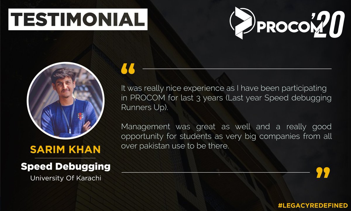 procom2022's tweet photo. With a new and innovative approach each year, PROCOM never fails to bring forth to its guests, the best there is to offer.
Here's Mr. Sarim khan, sharing his experience from last year's iteration of PROCOM.
#Procom2020
#LegacyRedefined https://t.co/AYmFZMfqA3