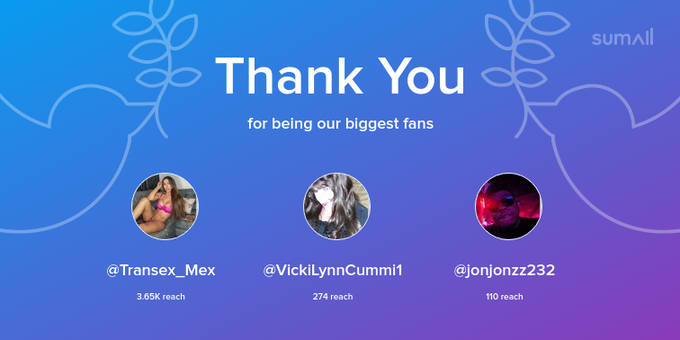 Our biggest fans this week: Transex_Mex, VickiLynnCummi1, jonjonzz232. Thank you! via https://t.co/MQbZ2Va1B6
