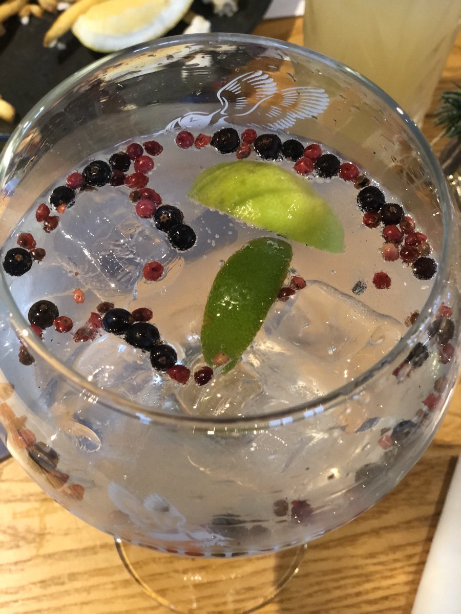 Lovely g&t @Haveners_Fowey with @tarquinsgin - sea dog variant. And excellent fish & chips for the kids (although they’ve not allowed us to steal much off their plates)