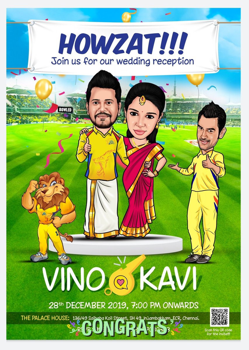 CSKFansOfficial's tweet photo. Howzatt !!! For a Wedding Invitation from our Superfan @vinodh_03!!
Kavi &amp; Vino, Wishes from the #WhistlePoduArmy for a Fan-tastic Partnership and #Yellove-ly Life ahead. @ChennaiIPL #WhistlePodu 💛🦁 https://t.co/ActMkFdfZE