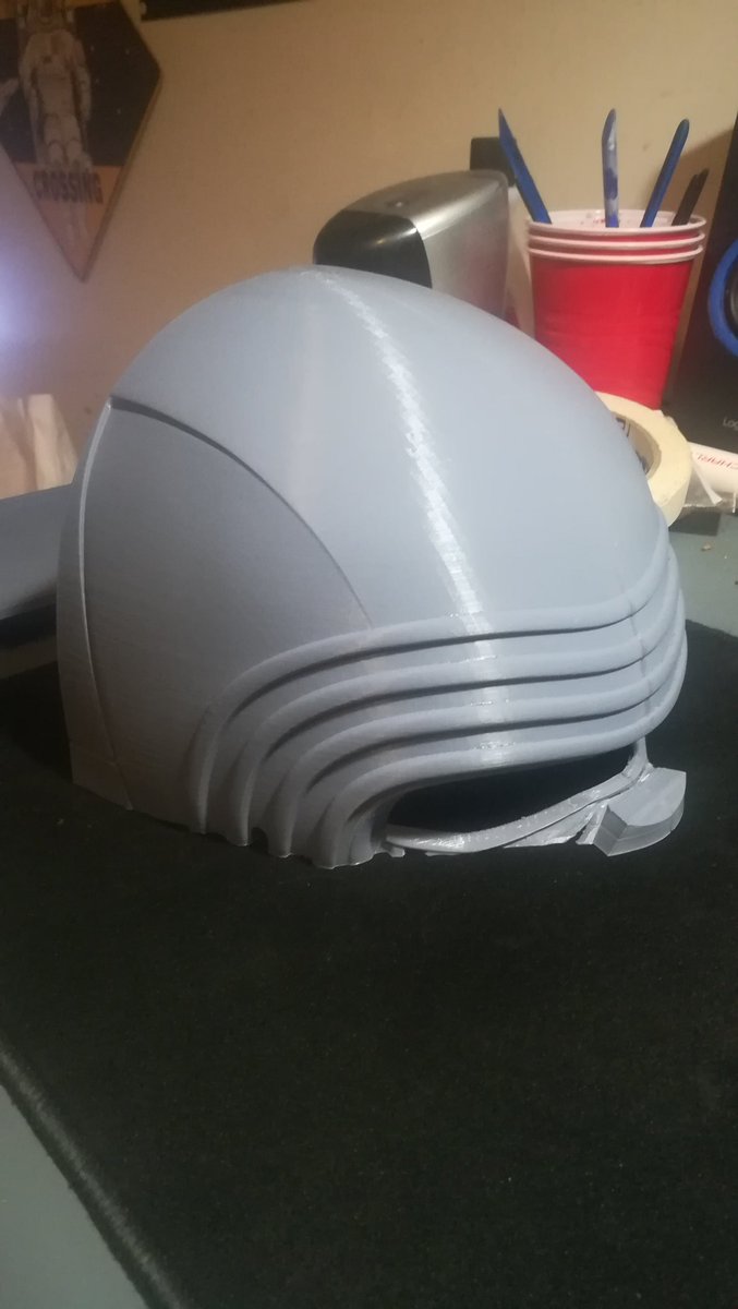 _AstroGuy_'s tweet photo. Printed a very cool model of Kylo Ren's helmet off of Thingiverse. My Ender 3 handled all the parts fine with overall good quality! here's some pics of the process so far. I've got it assembled, spot putty sanded,and primed. #Ender3 #StarWars #KyloRen #3Dprinting https://t.co/cFdZWlnBKM
