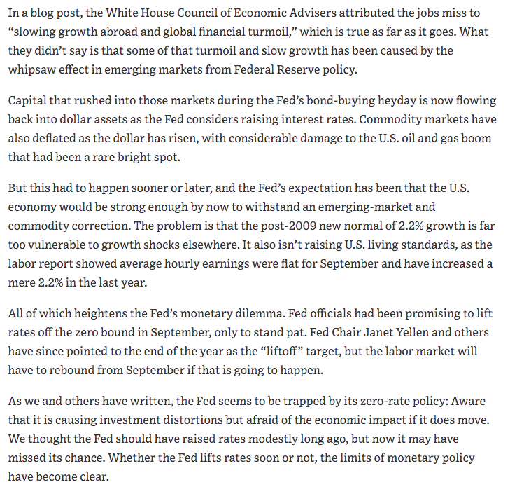 October 2015  https://www.wsj.com/articles/the-big-jobs-miss-1443828276 "We thought the Fed should have raised rates modestly long ago, but now it may have missed its chance. Whether the Fed lifts rates soon or not, the limits of monetary policy have become clear."