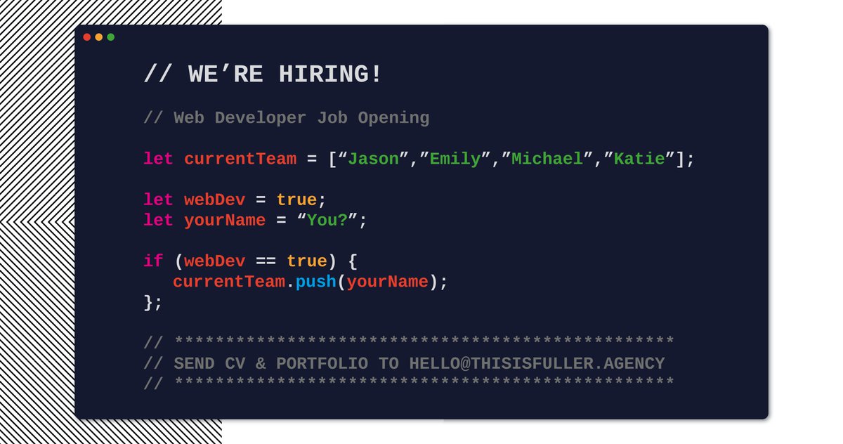 thisisfuller's tweet photo. We're hiring a #webdeveloper to come join our team in 2020! Interested? Send your CV &amp; Portfolio to hello@thisisfuller.agency 

Full job description here: https://t.co/Cda78syMwt

#jobs #recruiting #hiring #jobopportunities https://t.co/5ri2y4m4GG