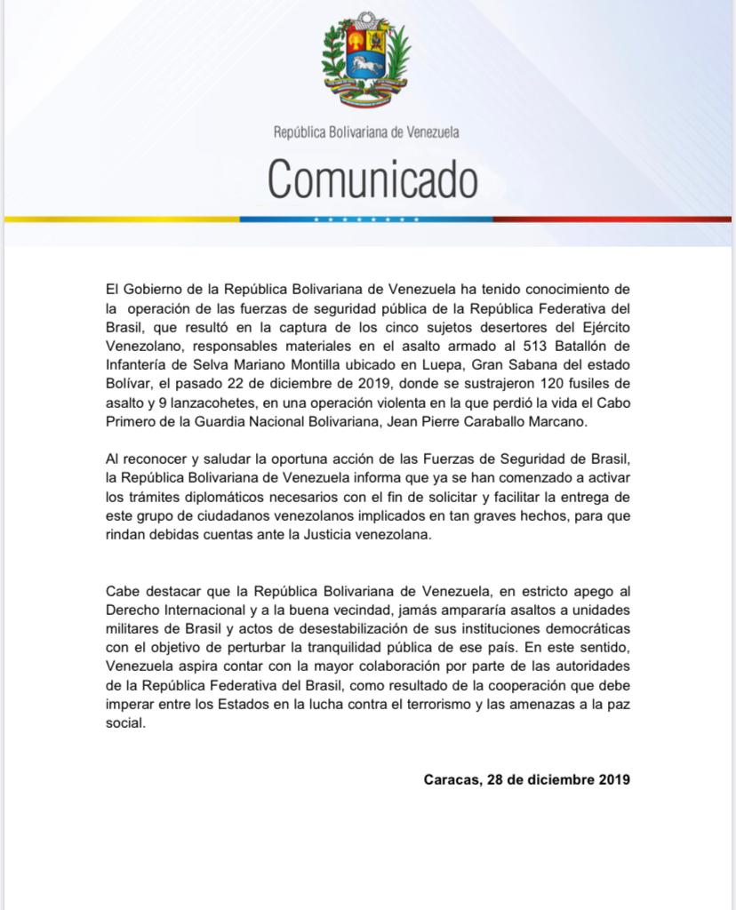 jaarreaza's tweet photo. #COMUNICADO | Venezuela informa que ha iniciado los trámites diplomáticos para la entrega de cinco desertores del ejército venezolano responsables del asalto armado al 513 Batallón de infantería de la Gran Sabana, capturados por las fuerzas de seguridad pública de Brasil. https://t.co/9WPKX8HO64