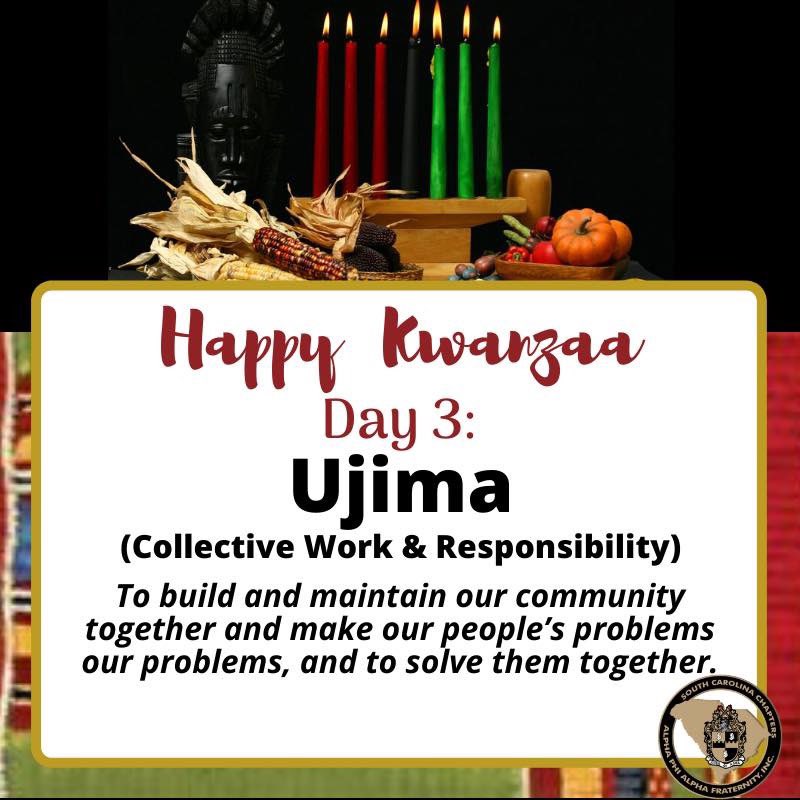scalphastrong's tweet photo. Happy Kwanzaa from SC Alpha!
The 3rd principle of Kwanzaa is “Ujima / Collective Work &amp; Responsibility”.
#ujima #nguzasaba #kwanzaa #scalphacelebrateskwanzaa #scalpha https://t.co/nz19DyRsnj