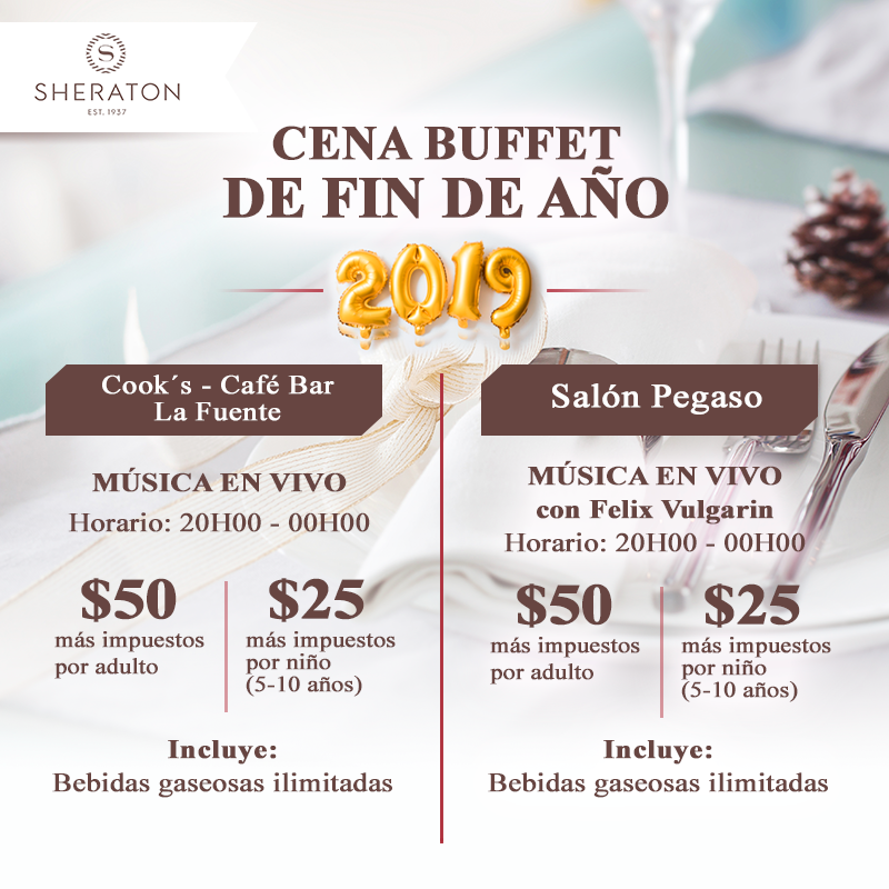 ¡Despide este #2019 en #SheratonGuayaquil!

Una noche sin igual será la que se vivirá en cualquiera de nuestras dos opciones Cena Buffet.

Reserva ahora: 
ayb@sheratonguayaquil.com
Contacto: (04) 3707070 ext: 108-150

#SheratonGuayaquil
#Sheratonhotels
#NewYear
#2020
#NewYearEve