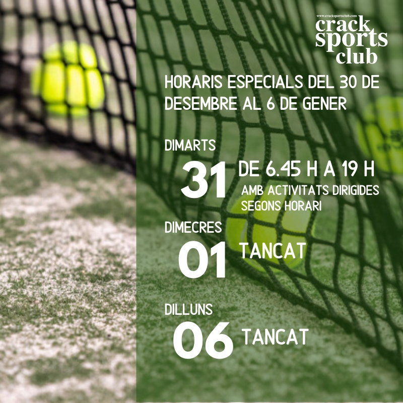 CrackSportsClub's tweet photo. Pròxims dies amb horari especial al club. Recordeu que les activitats dirigides també tenen un horari especial.
#CrackSportsClub #Activitats #Horari #Nadal #CapAny #Reis #Festius #Granollers #VallèsOriental https://t.co/OjrUOkR6Sk