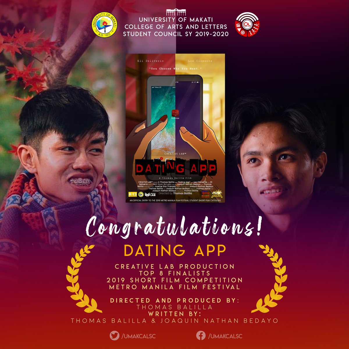 UMakCALSC's tweet photo. Congratulations to the whole cast and crew of "Dating App" from Creative Lab Production for being one of the Top 8 Finalists at the recently concluded 2019 Metro Manila Film Festival Student Short Film Competition!

#GreaterUMakCALSC
#DatingApp
#MMFF2019 https://t.co/zU7O96uCy6