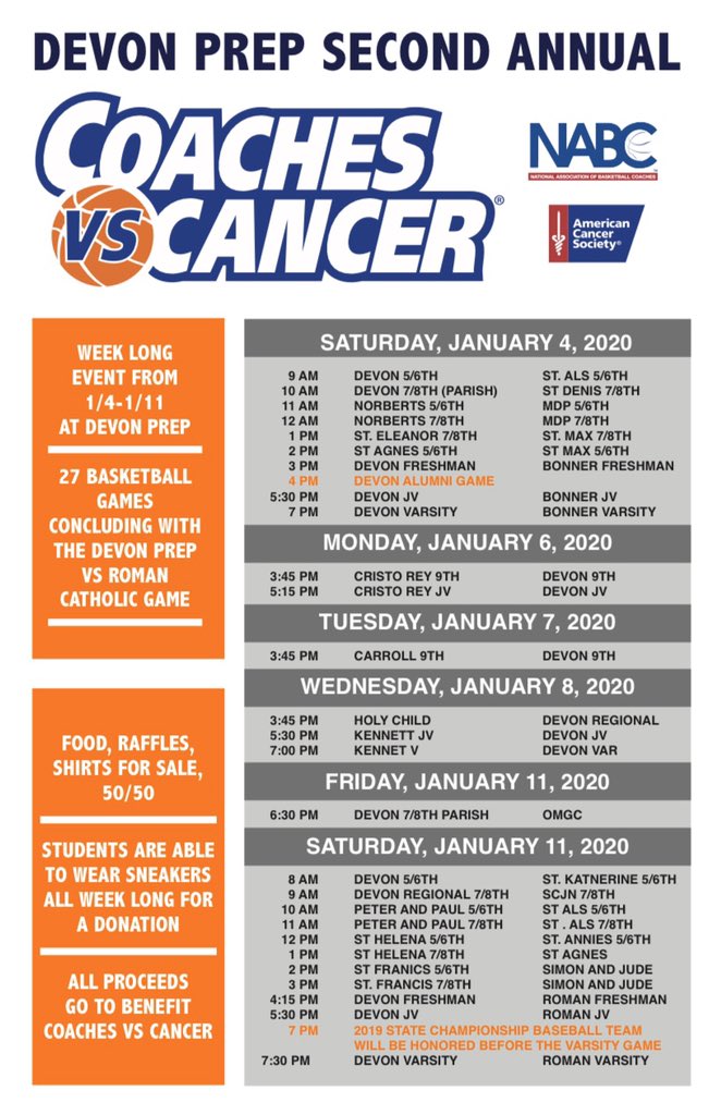Kick off the New Year with some hoops!  Come on out and support @CoachesvsCancer and see a great slate of games from 5/6th grade up to Varsity. @DevonAlumni