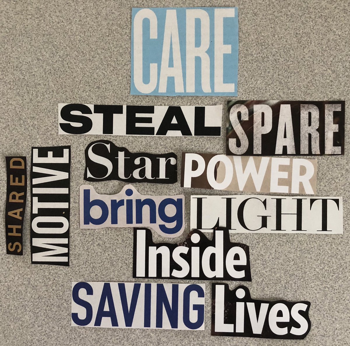 PaulWHankins's tweet photo. I Found Some Words (and fell in love with them). This is one hour of culling, cutting, and curating words and phrases from mailers and periodicals. Now, we’ll get them on blocks. #Room407 #THIS407 #BlockheadPoet #BlockheadPoetry https://t.co/B0OkMyUyNc
