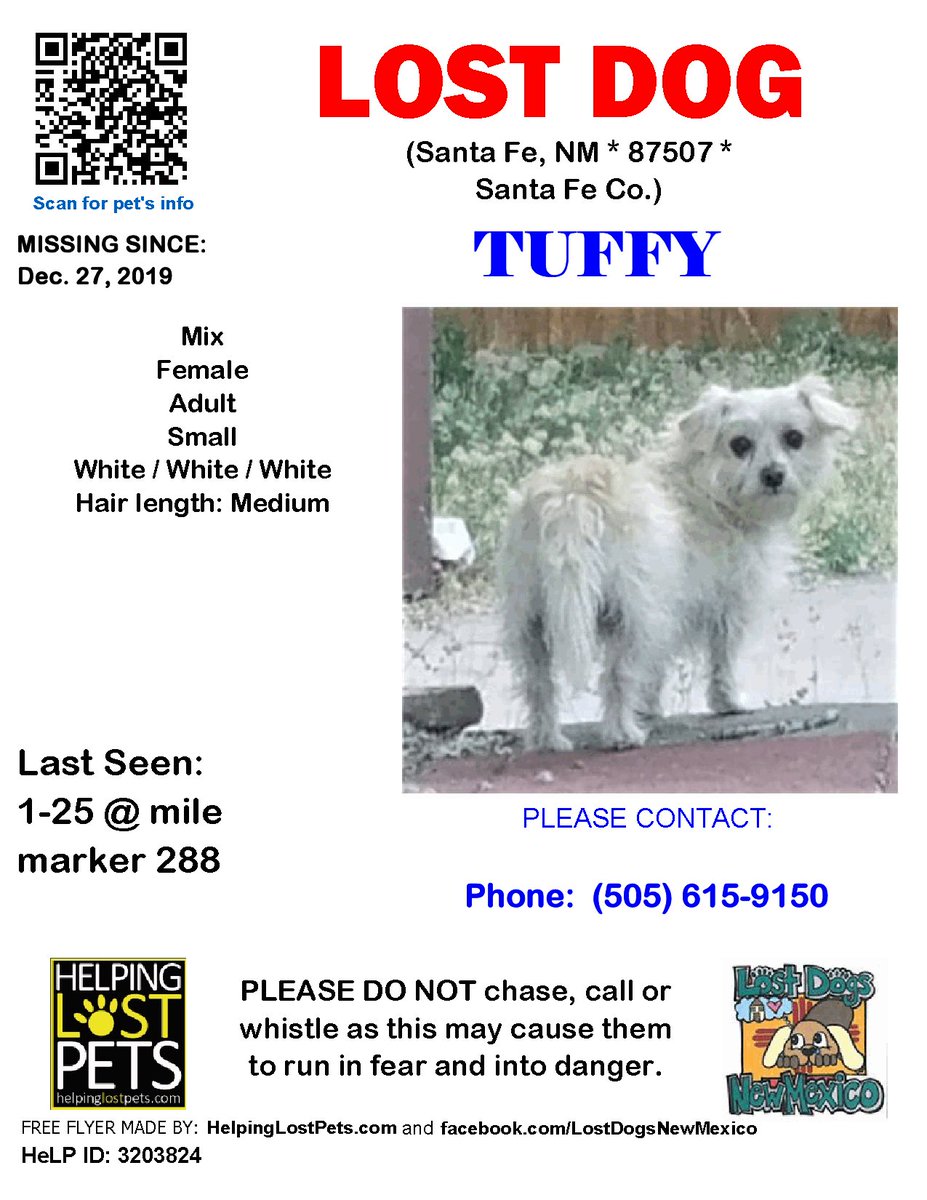 🛑🛑 #LOSTDOG #Tuffy #SantaFe (1-25 @ mile marker 288) #NM 87507 #SantaFe Co. , #Lost #Dog 12-27-2019!, Small / Adult / Female / #Mix / White facebook.com/LostDogsNewMex…