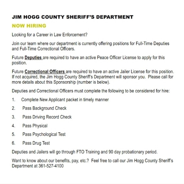 STCPoliceAcadmy's tweet photo. Attention former cadets and LEOs!  Jim Hogg County Sheriff's Office is hiring! https://t.co/FYOXKmJHSd