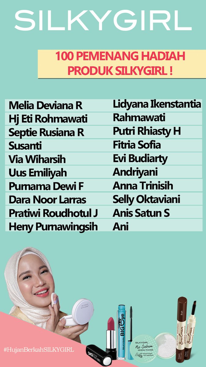 Selamat kepada 100 Pemenang Hadiah Produk dari Silkygirl!!

#silkygirl #silkygirlindonesia #silkyglovers #unleashyourconfidence #borntobematte