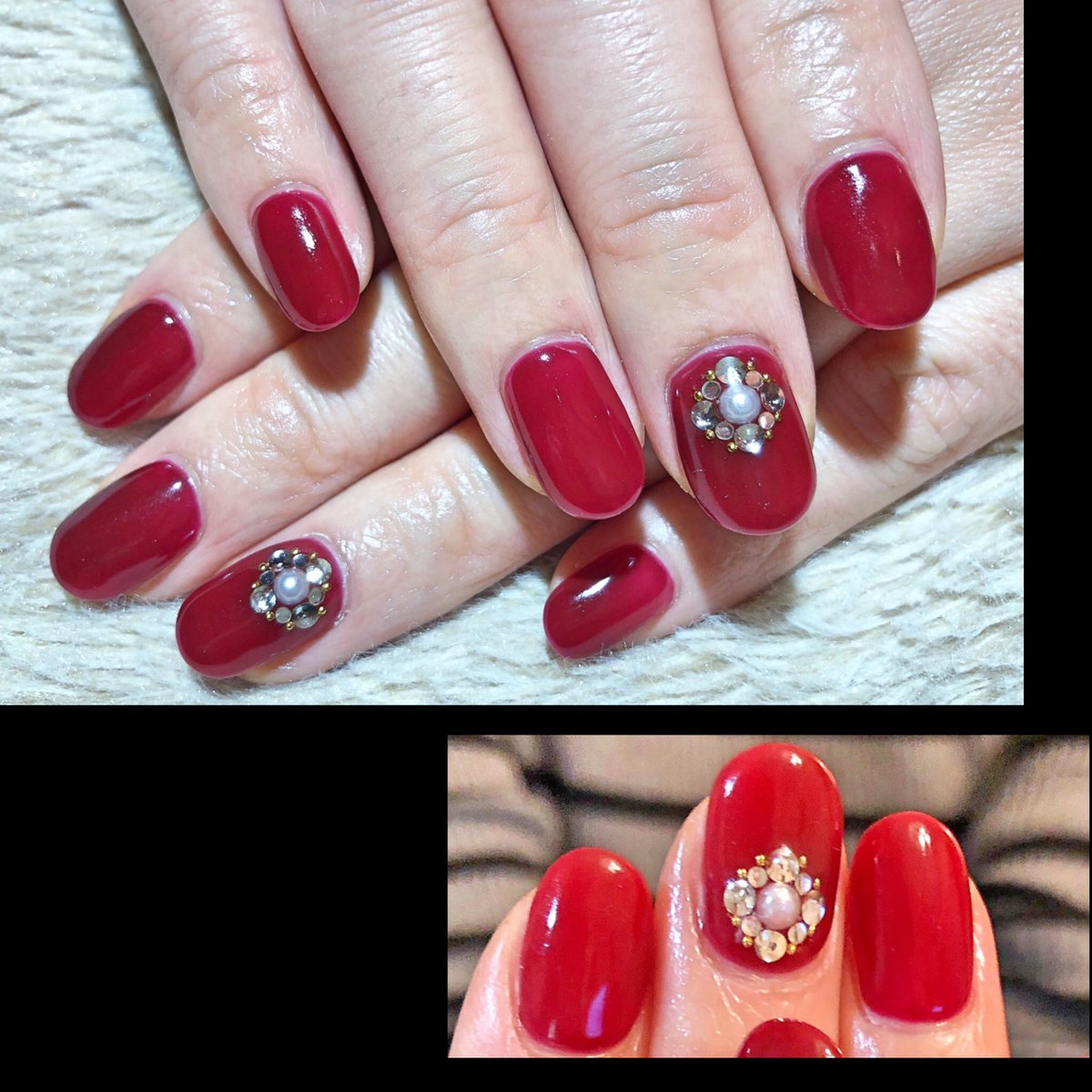 Nailsalon Plumeria お客様ネイル 冬にぴったりの赤とビジュー ワンポイントでもキラッと ネイルサロン ネイル ハンドネイル ジェルネイル シンプルネイル ビジューネイル 東京 プライベートサロン