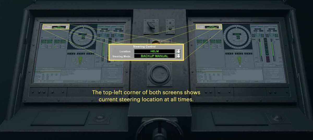7/ A panel in the top left corner of each screen displays who has control of steering, but for new sailors and those not fully trained on IBNS, this might not be clear.See for yourself how small that box is: