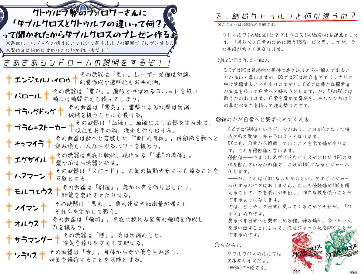 カンリ これなんだと思います これ私が Trpg初めて3ヶ月くらい のときに ダブルクロスってどういうの って聞かれたから作ったプレゼンなんですよ あまりにも化石だしあまりにもtrpgを知らなすぎるので恥ずかしいんですけど同時に 作って良かった カンリ これなんだと思います これ私が Trpg初めて3ヶ月くらい のときに ダブルクロスってどういうの って聞かれたから作ったプレゼンなんですよ あまりにも化石だしあまりにもtrpgを知らなすぎるので恥ずかしいんですけど同時に 作って良かった