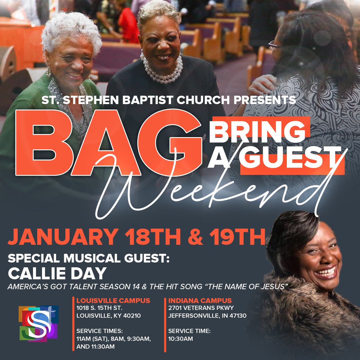 ssclive's tweet photo. Throughout the weekend of
1/18 &amp; 19,
let's come to worship &amp; B.A.G. >>> Bring A Guest!

Music guest: Callie Day
(America's Got Talent Season 14 &amp; the hit song "The Name Of Jesus")

It's a great time to be an inviter!™
#BAGWeekend #SSCLiveIN  #SSCLive @KWCosby https://t.co/RcDLPdxAZe