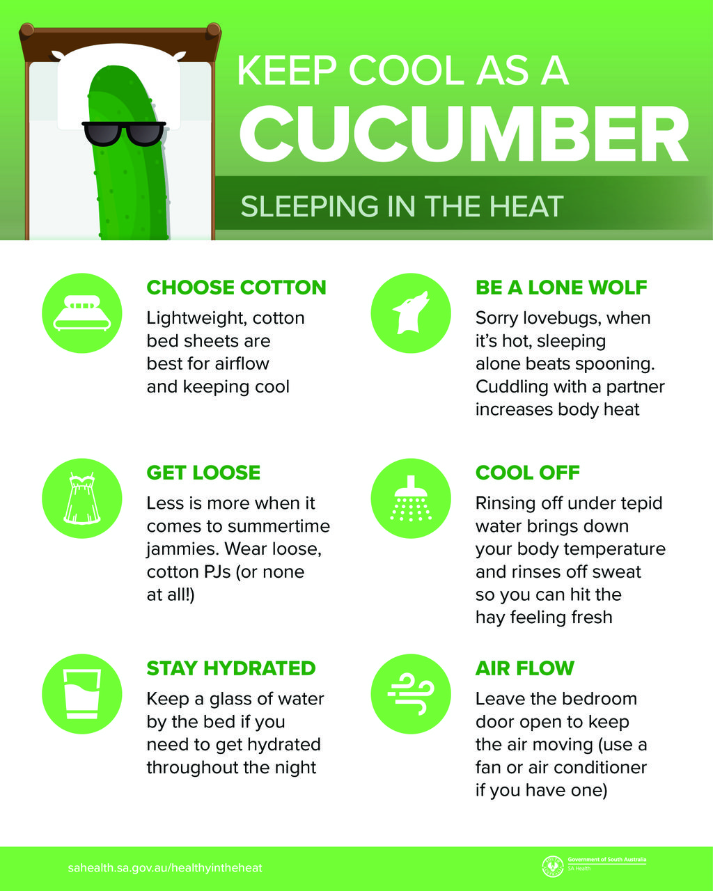 SA Health on X: Tips for keeping cool as a cucumber and sleeping in hot  weather. Stay #HealthyInTheHeat. For more tips, visit:    / X