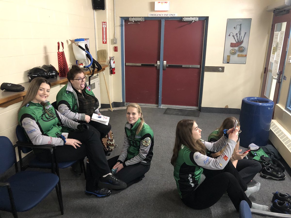 TeamCallyMoore's tweet photo. Minor setback this morning as our comeback fell just short against Team Nodding (who played very well!) Next up is a big game at 8:00pm tonight vs Clara Mosher in the B bracket!! Let’s go girls!!! 💚 🥌 #novasask https://t.co/gLHYwu9K2J