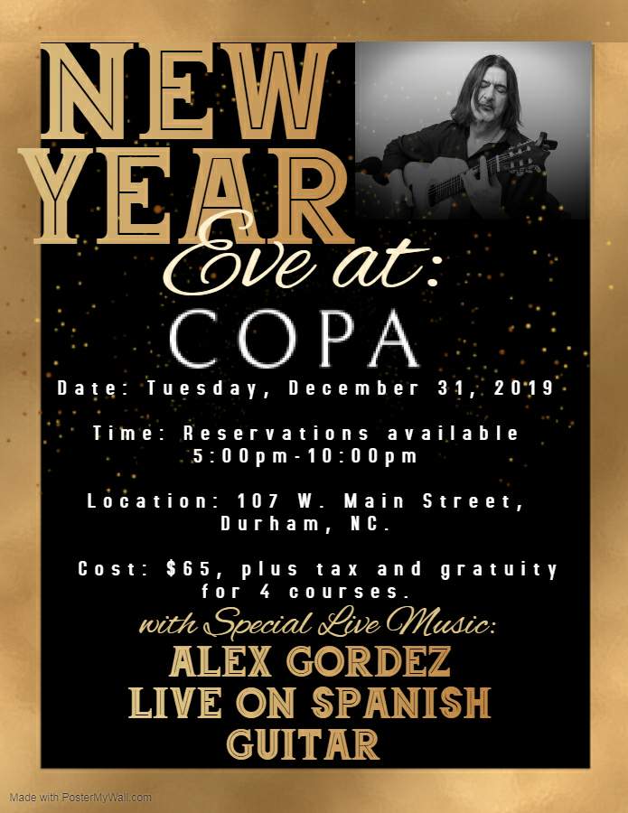 AlexGordez's tweet photo. Alex Gordez Live for New Year's Eve at COPA in downtown Durham! You don't want to miss this very special evening! Make your reservation now..."Travel to Cuba this New Year's Eve. No Passport Required." #alexgordezlive #spanishguitar #newyearseve #COPA 
https://t.co/wYblp2VUU3 https://t.co/daeZFnfnzc