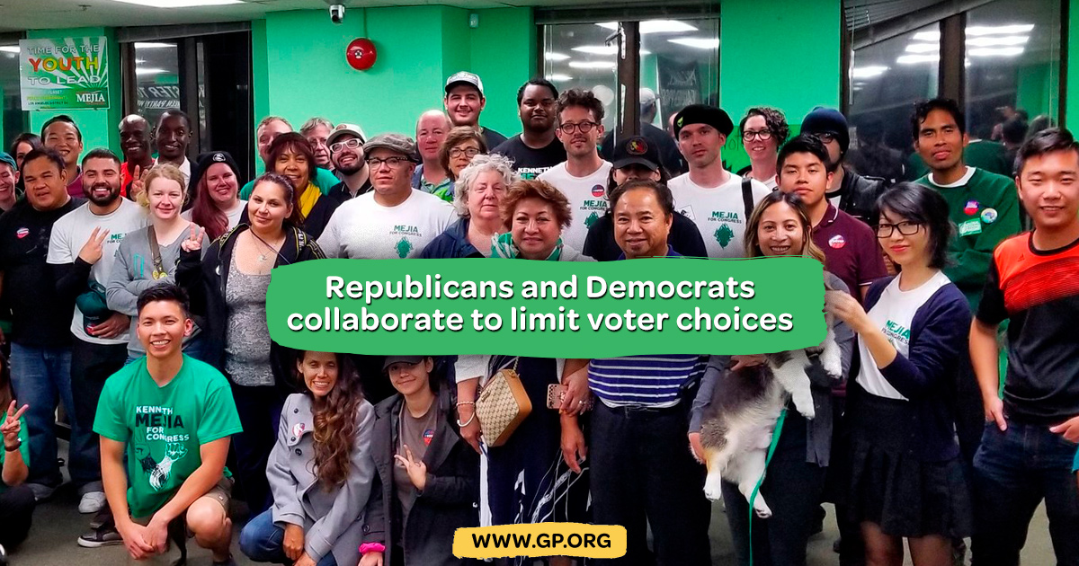 GreenPartyUS's tweet photo. Why can’t people just vote for Green Party candidates across the country? The answer is that many state governments have imposed special burdens for 3rd parties  @LPNational @gpusccc https://t.co/gSbTYQpdUF