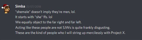 [TRANSPHOBIA]And a few screen grabs from the furry valley server.There's mountains more, all readily available with simple searches, "furryvalley/simba/anthrolodge/furrymenagerie transphobia" ect. I'm sure you get the gist.It gets progressively worse from here.