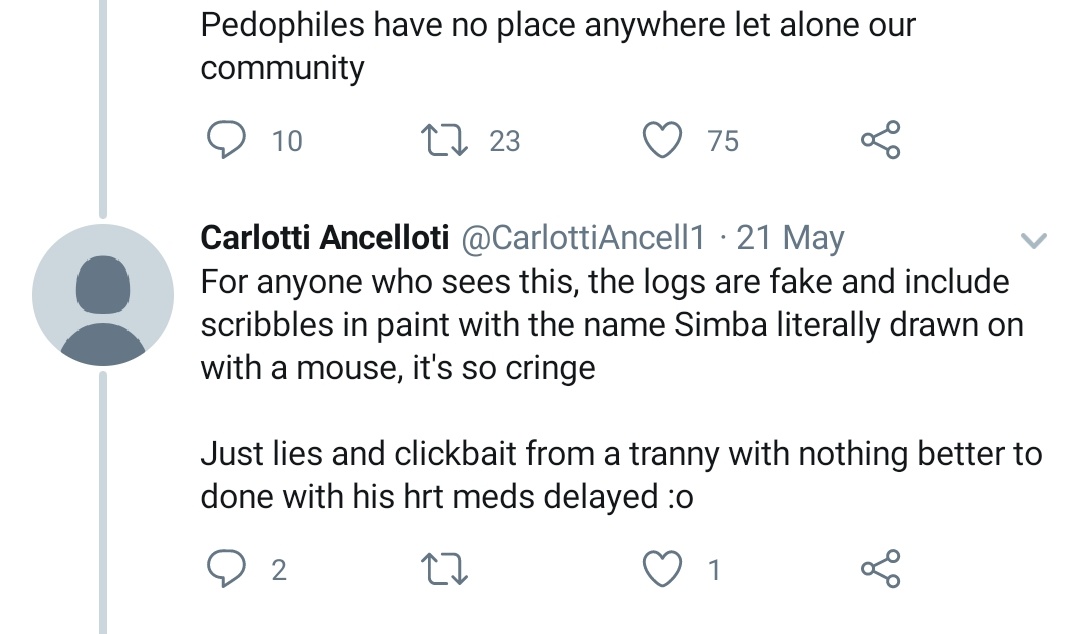 [TRANSPHOBIA]so let's start 'lightly', and this is mind you, in contrast, lightly.Here's simba on his reddit account calling trans people like me sub-h...Here's a few replies to my tweets from one of his multiple sock puppet accounts.