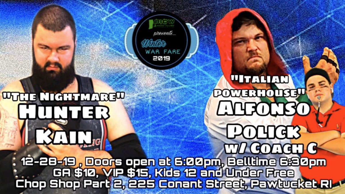 OfficialRICW's tweet photo. Alfonso Polick &amp; Coach C have been been very vocal as of late wondering why they haven’t been given a match. Coach C who will also be in Brian Sires corner wants to see more of his “team” on the show. So we found them a match, against RICW Resident Monster, Hunter Kain!! https://t.co/kvNe23Hkqt