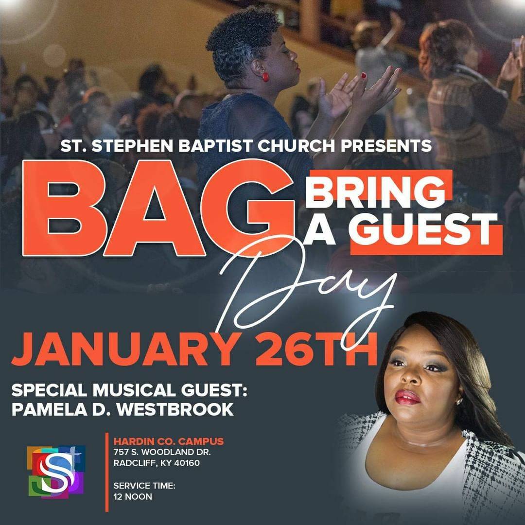 ssclive's tweet photo. On 1/26...
let's come to worship @ our Hardin Co campus &amp; B.A.G. >>>
Bring A Guest!

Special musical guest: Pamela D. Westbrook

It's a great time to be an inviter!™
#BAGWeekend #SSCLiveHC @KWCosby https://t.co/YvkjSowmYe