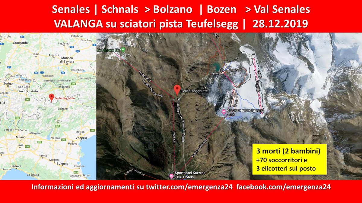Emergenza24's tweet photo. UPDATE [28.12-21:40]  #Senales #Schnals #Bolzano #Bozen #ValSenales #VALANGA su sciatori pista #Teufelsegg 3 morti (2 bambini) https://t.co/JQFIax05Tq